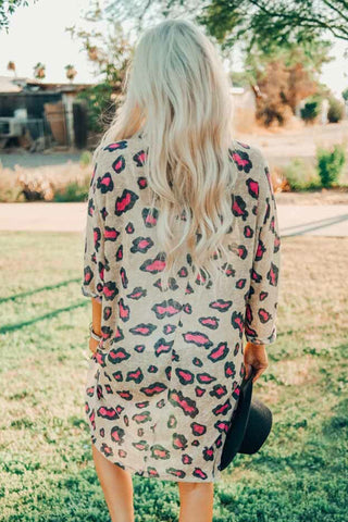 Leopard Print Open Front Long Sleeve Kimono