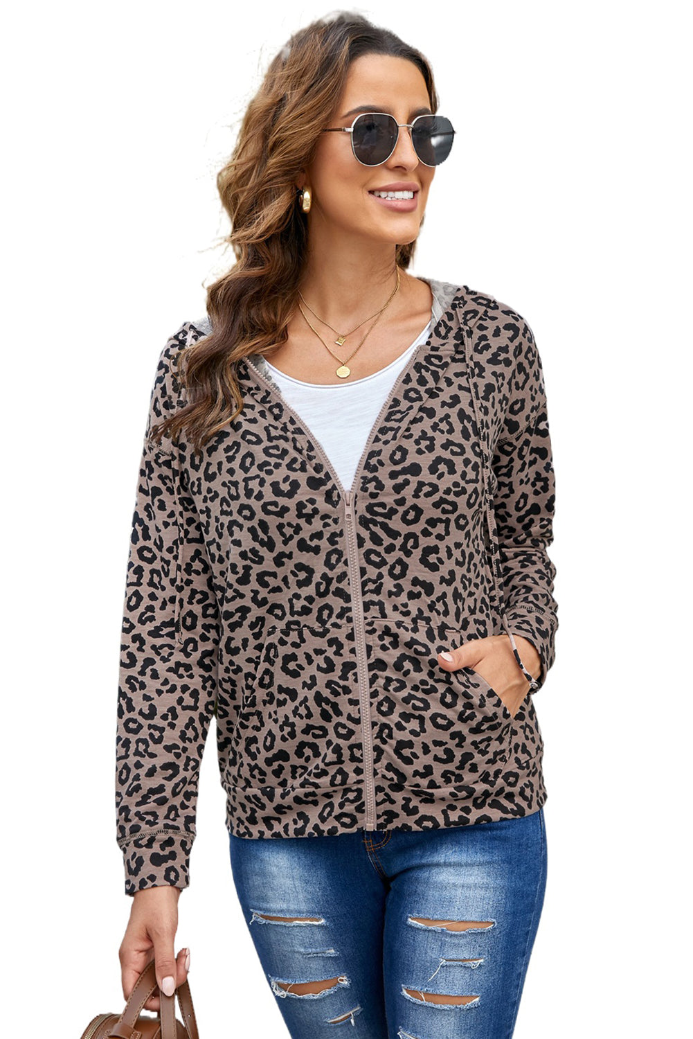 Leopard Print Zipper Hooded Coat With Pocket