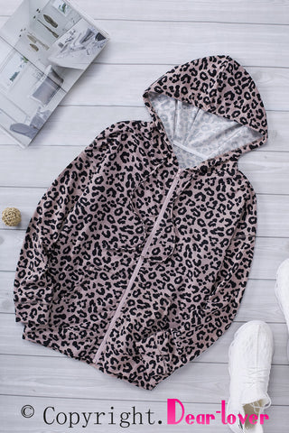 Leopard Print Zipper Hooded Coat With Pocket