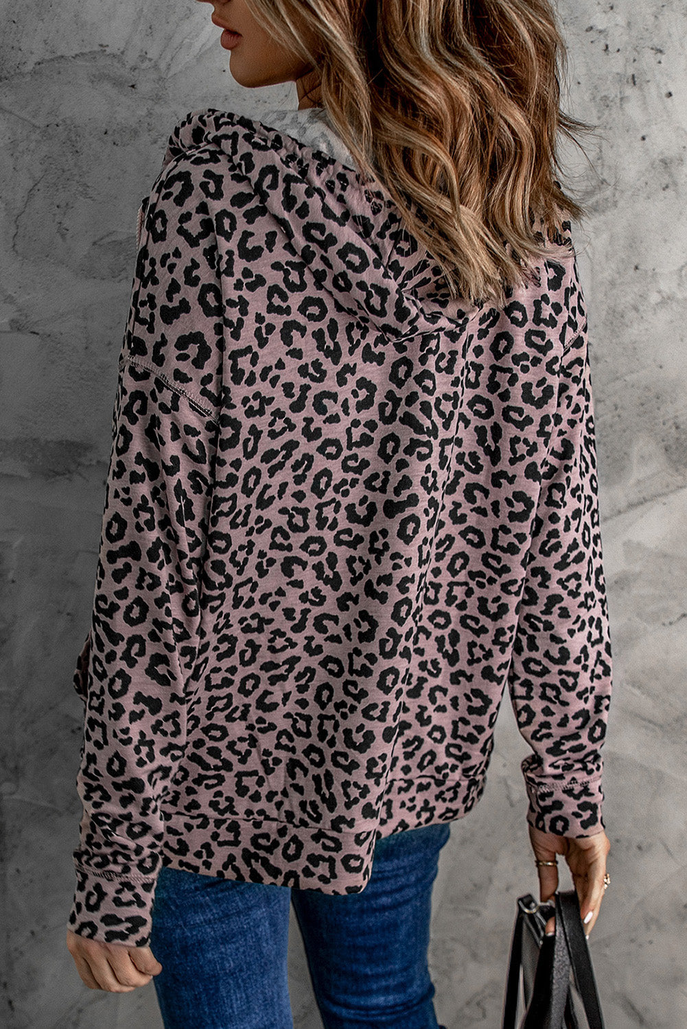 Leopard Print Zipper Hooded Coat With Pocket