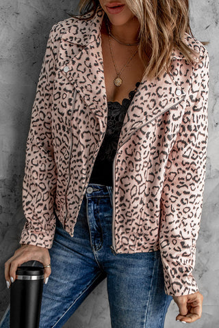 Leopard Print Zipper Lapel Collar Jacket