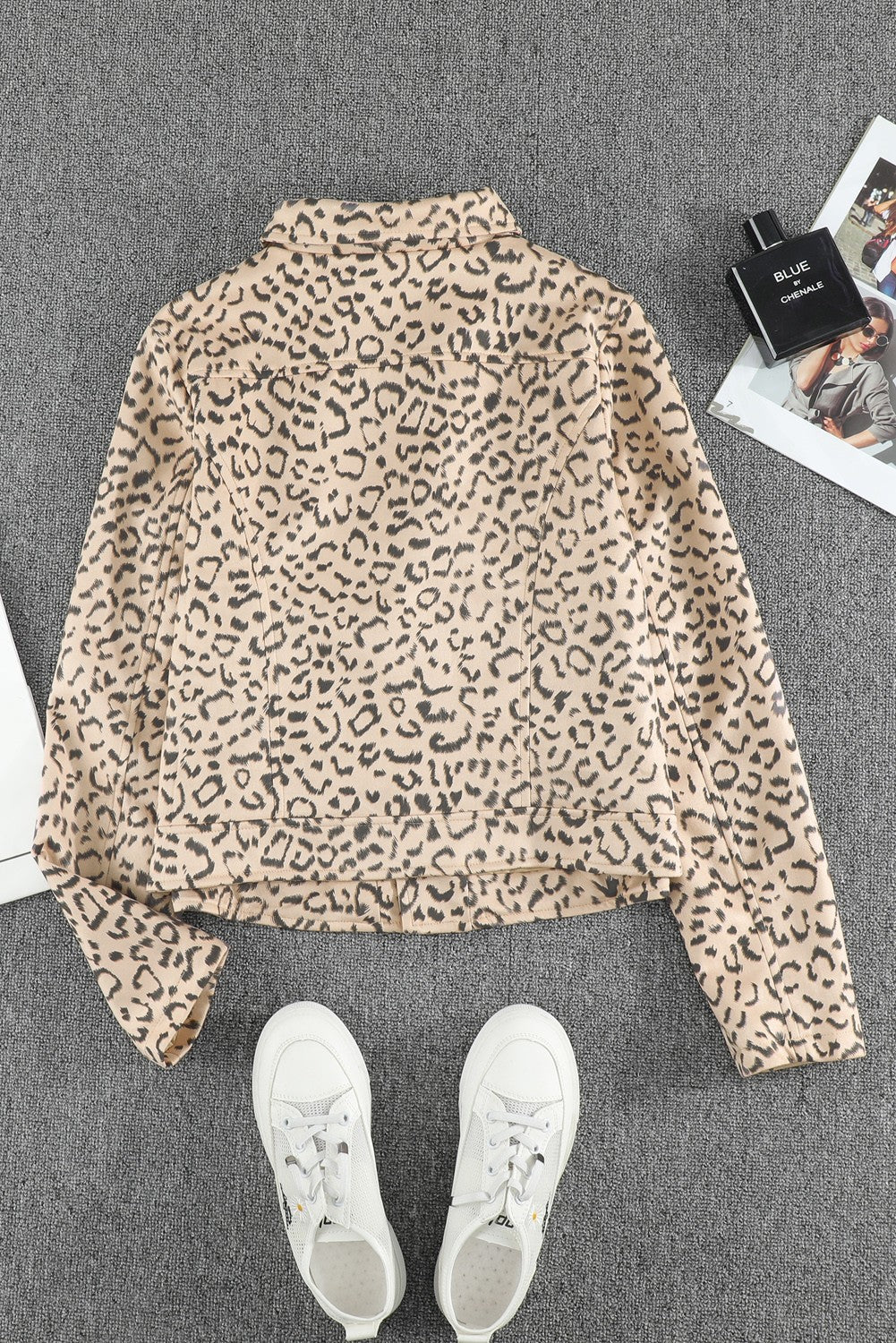 Leopard Print Zipper Lapel Collar Jacket