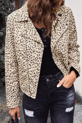 Leopard Print Zipper Lapel Collar Jacket