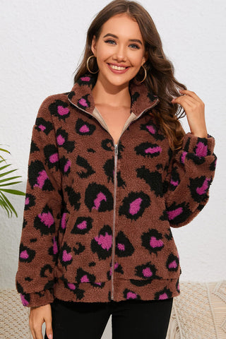 Sherpa-Teddyjacke mit Leopardenmuster, Reißverschluss und Stehkragen