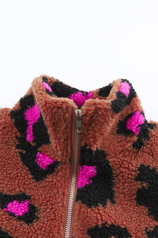 Sherpa-Teddyjacke mit Leopardenmuster, Reißverschluss und Stehkragen