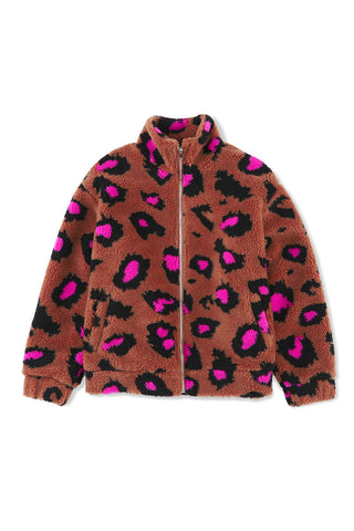 Leopard Zip Up Stand Collar Sherpa Teddy Jacket