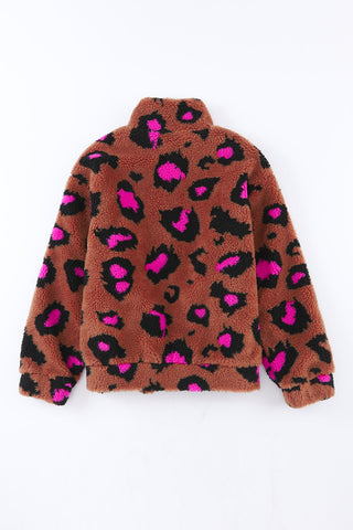 Leopard Zip Up Stand Collar Sherpa Teddy Jacket