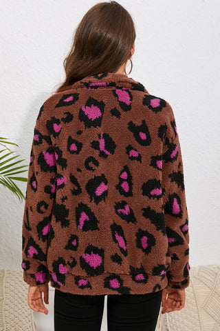 Leopard Zip Up Stand Collar Sherpa Teddy Jacket