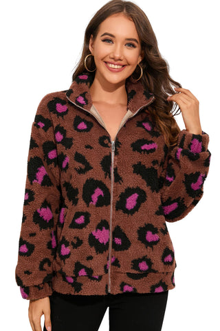 Leopard Zip Up Stand Collar Sherpa Teddy Jacket