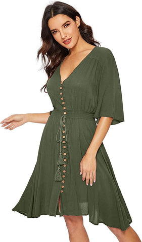 Boho Button Up Split Solid Vintage Flowy Partykleid