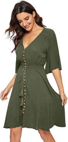 Boho Button Up Split Solid Vintage Flowy Partykleid