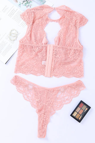 Pink 2Pcs Cutout Lace Bustier Lingerie Set Orro Shop pink-2pcs-cutout-lace-bustier-lingerie-set-orro-shop