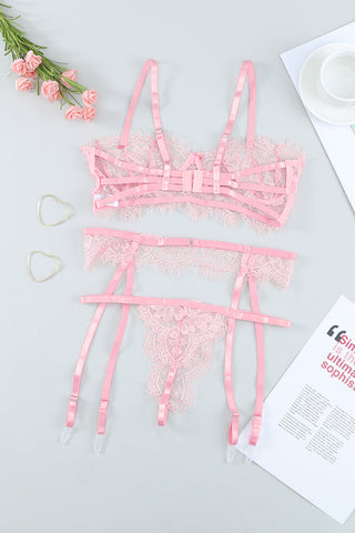 Pink Eyelash Trim Lace Bralette Set With Garter Belt