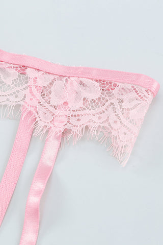 Pink Eyelash Trim Lace Bralette Set With Garter Belt