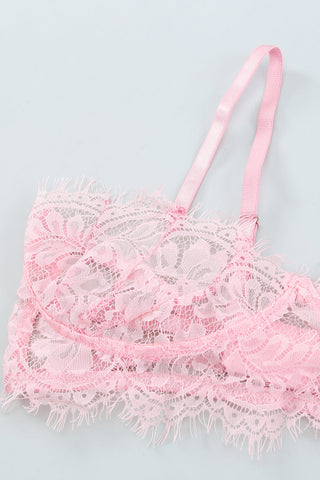 Pink Eyelash Trim Lace Bralette Set With Garter Belt