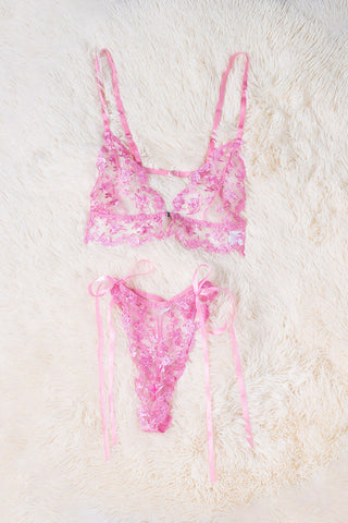 Pink Floral Embroidery Mesh Lace-Up Bra And Panty Set