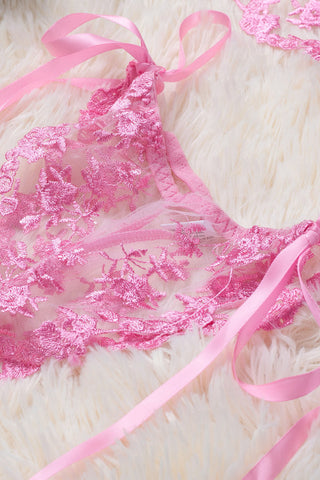 Pink Floral Embroidery Mesh Lace-Up Bra And Panty Set