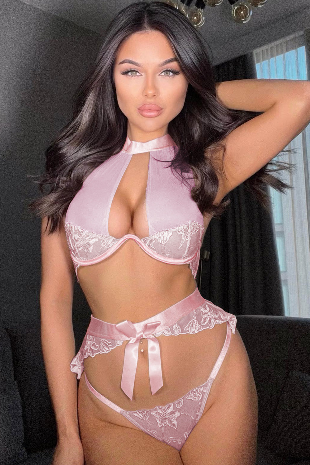 Pink Lace Mesh Cutout Satin Bow Lingerie Set