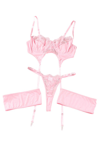 Pink Sheer Lace 3Pcs Garter Belt Lingerie Set