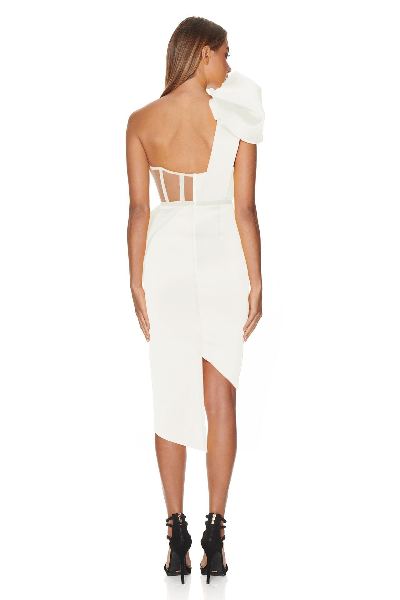 Adelle Bandage Corset-Style One Shoulder Bow Dress