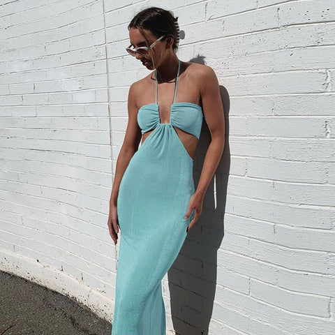 Halter Cut Out Backless High Split Midi Dress