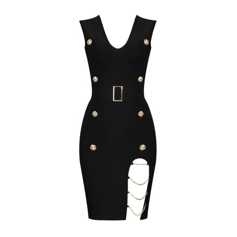 Jinny – Bandage-Kleid mit Cut-Outs und Ketten und Knöpfen