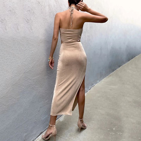 Halter Cut Out Backless High Split Midi Dress