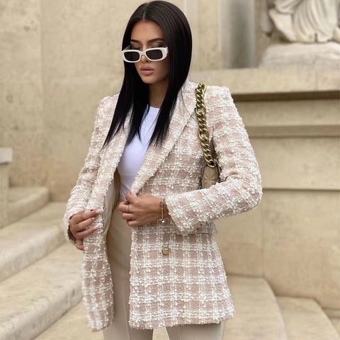 Vintage Plaid Tweed Double Breasted Beige Blazer