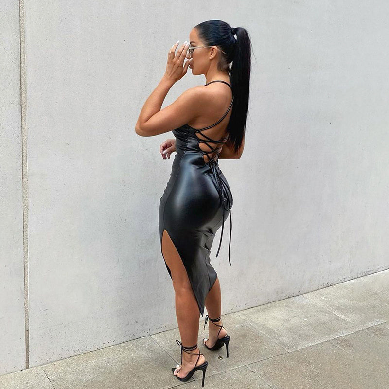 Kimberly Black Vegan Leather Midi Dress