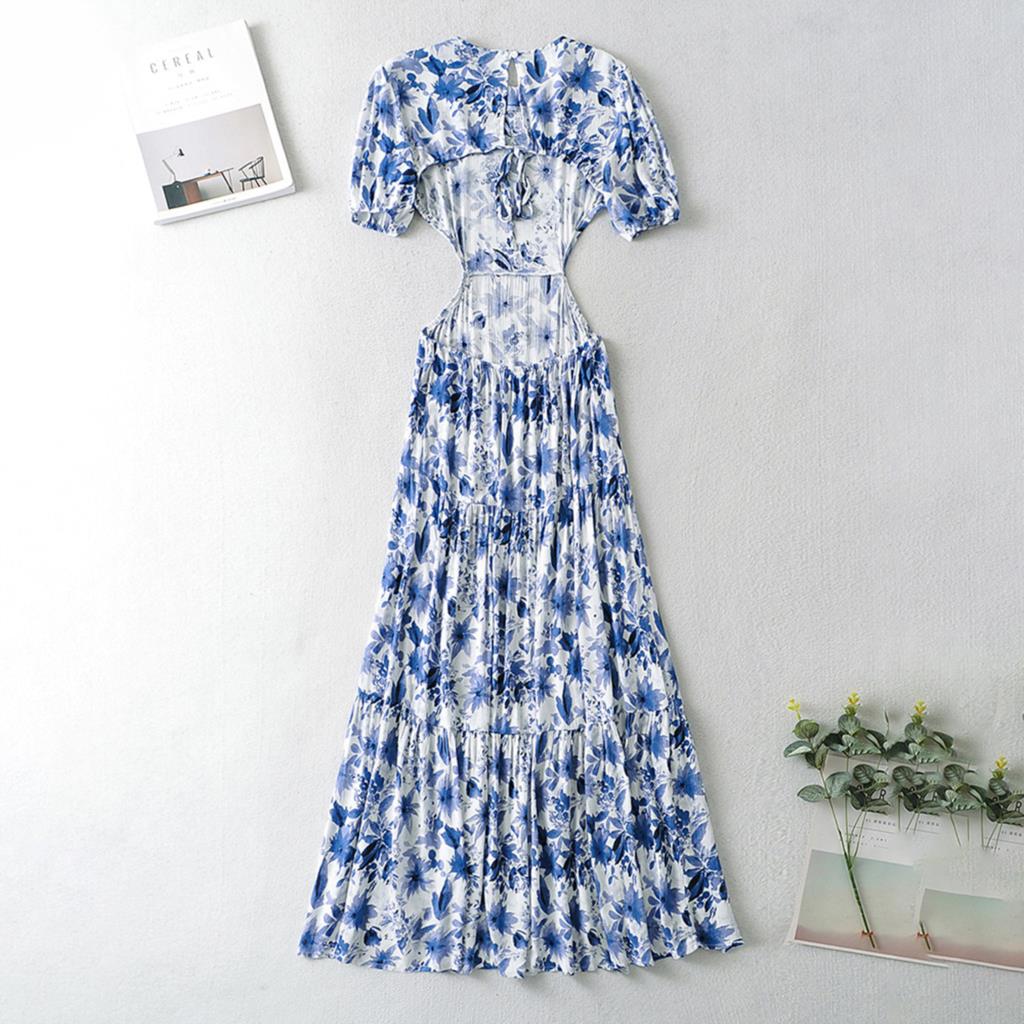 Blue Floral Print Cut Out Midi Backless Dress
