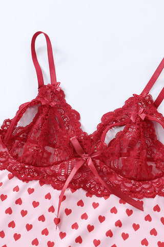 Red Heart Shape Print Lace Crochet Babydoll Set