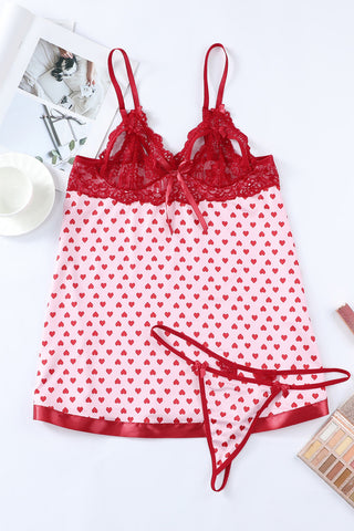 Red Heart Shape Print Lace Crochet Babydoll Set