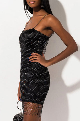 Sparkly Rhinestone Embellished Spaghetti Strap Bodycon Party Mini Dress - Black