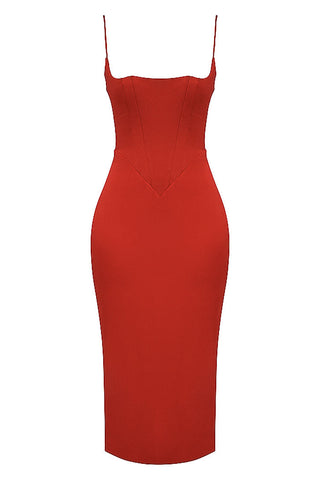 Silky Satin Square Neck Cami Slip Cocktail Party Midi Dress - Red