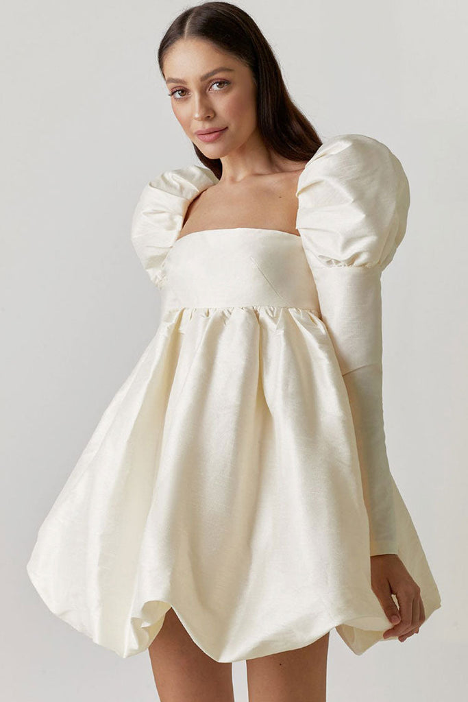 Silky Satin Square Neck Puff Sleeve Babydoll Mini Dress Beige Orro Shop silky-satin-square-neck-puff-sleeve-babydoll-mini-dress-beige-orro-shop