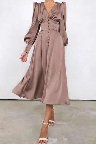 Silky Satin V Neck Puff Sleeve Button Up French Shirt Midi Dress - Brown