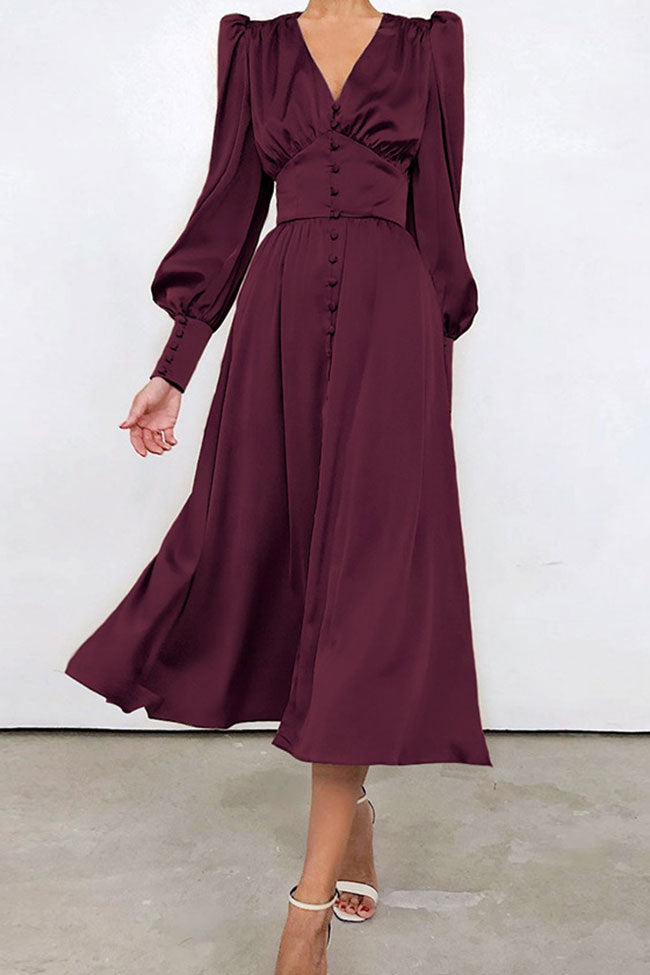 Silky Satin V Neck Puff Sleeve Button Up French Shirt Midi Dress - Burgundy