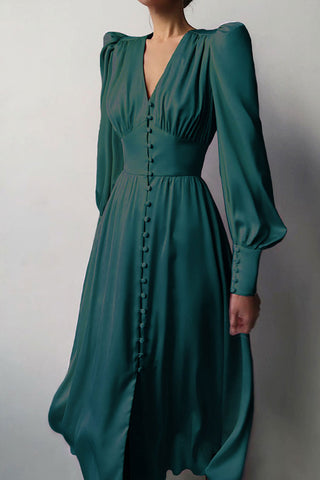 Silky Satin V Neck Puff Sleeve Button Up French Shirt Midi Dress - Dark Green