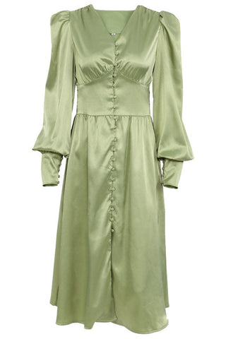 Silky Satin V Neck Puff Sleeve Button Up French Shirt Midi Dress - Green