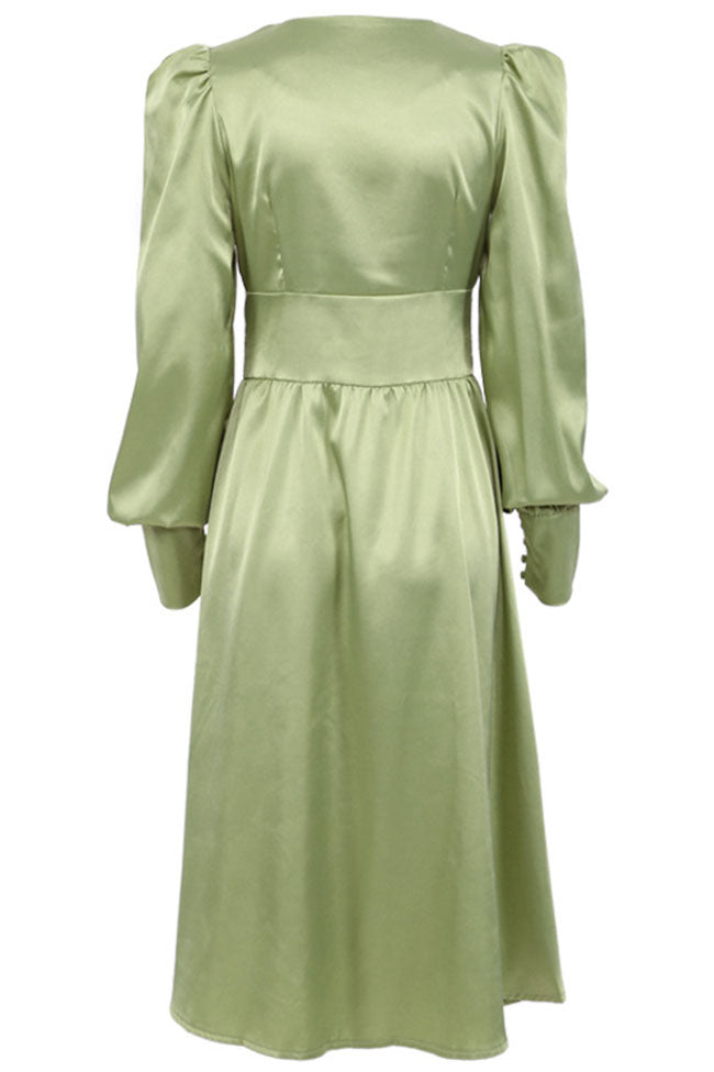 Silky Satin V Neck Puff Sleeve Button Up French Shirt Midi Dress - Green