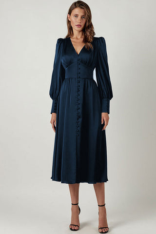 Silky Satin V Neck Puff Sleeve Button Up French Shirt Midi Dress - Navy Blue