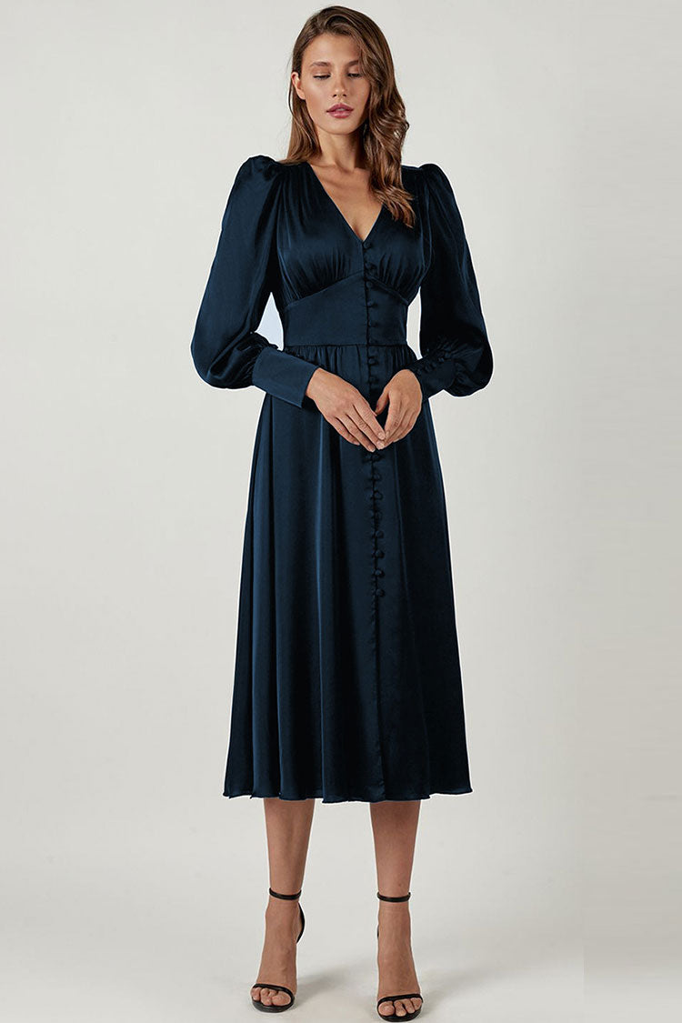 Silky Satin V Neck Puff Sleeve Button Up French Shirt Midi Dress - Navy Blue