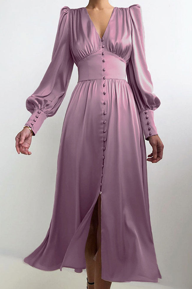 Silky Satin V Neck Puff Sleeve Button Up French Shirt Midi Dress - Purple