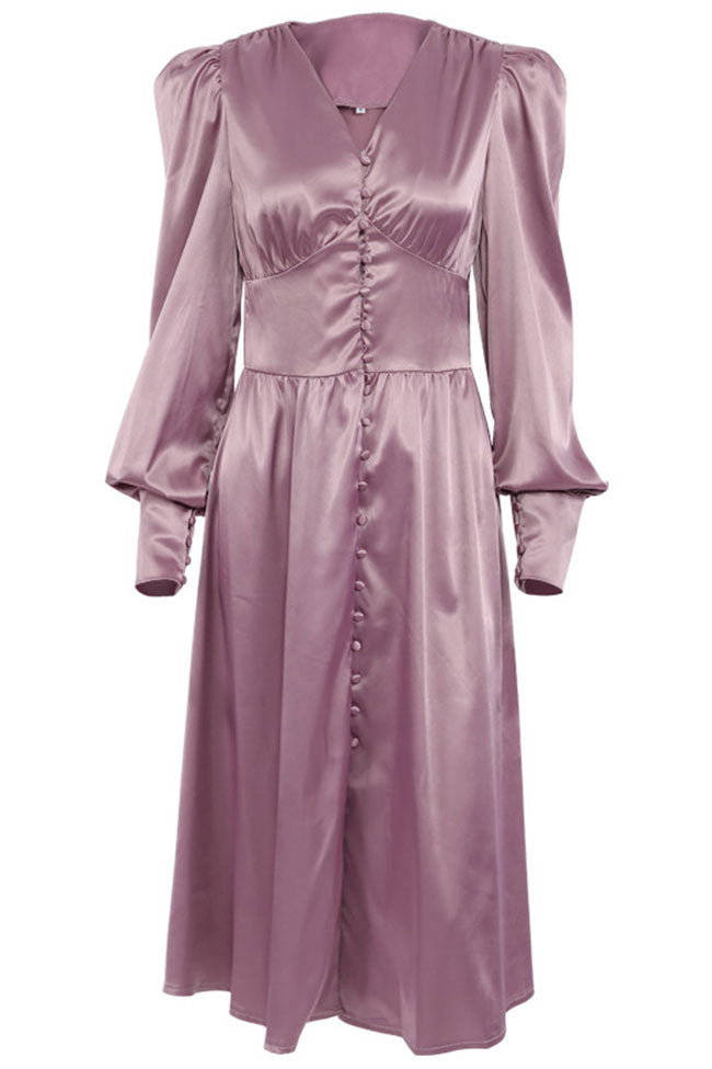 Silky Satin V Neck Puff Sleeve Button Up French Shirt Midi Dress - Purple