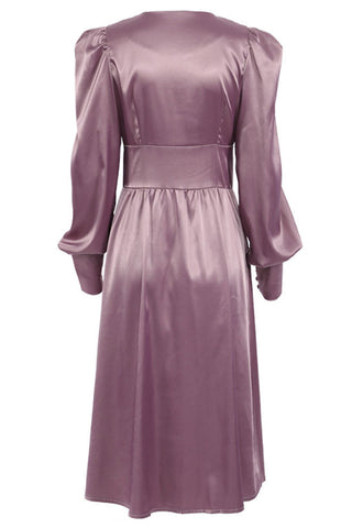 Silky Satin V Neck Puff Sleeve Button Up French Shirt Midi Dress - Purple