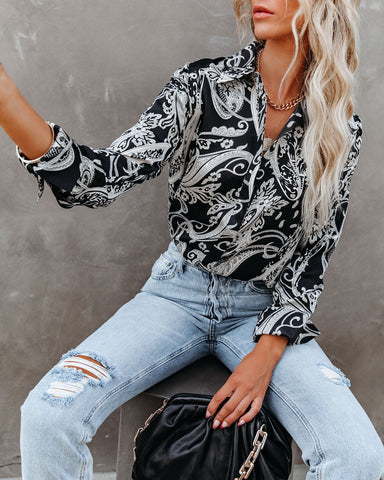 Silverton Satin Paisley Button Down Top - Black