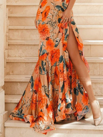 Robe longue fendue sans manches à imprimé licou