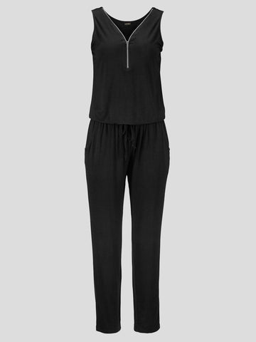 Sleeveless Zipper V-neck Solid Jumpsuit