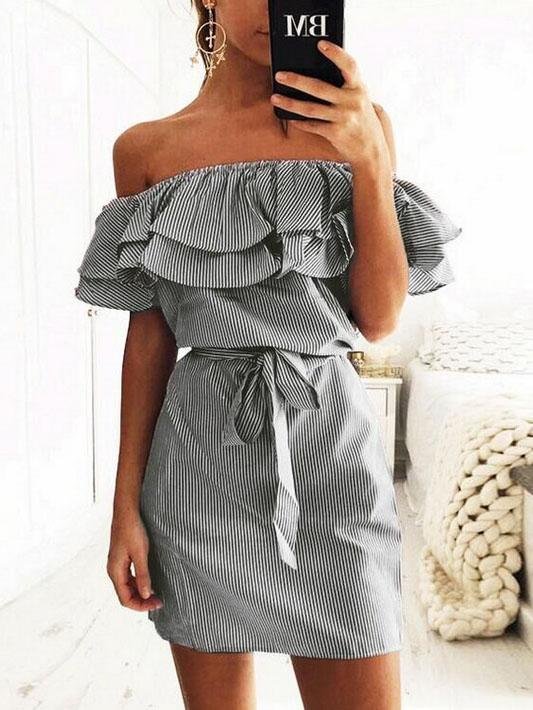 Slim-fit Lace-up Dress With Ruffled Stripes