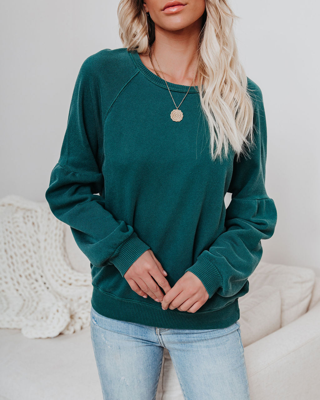 Snowmass Cotton Blend Raglan Pullover - Teal